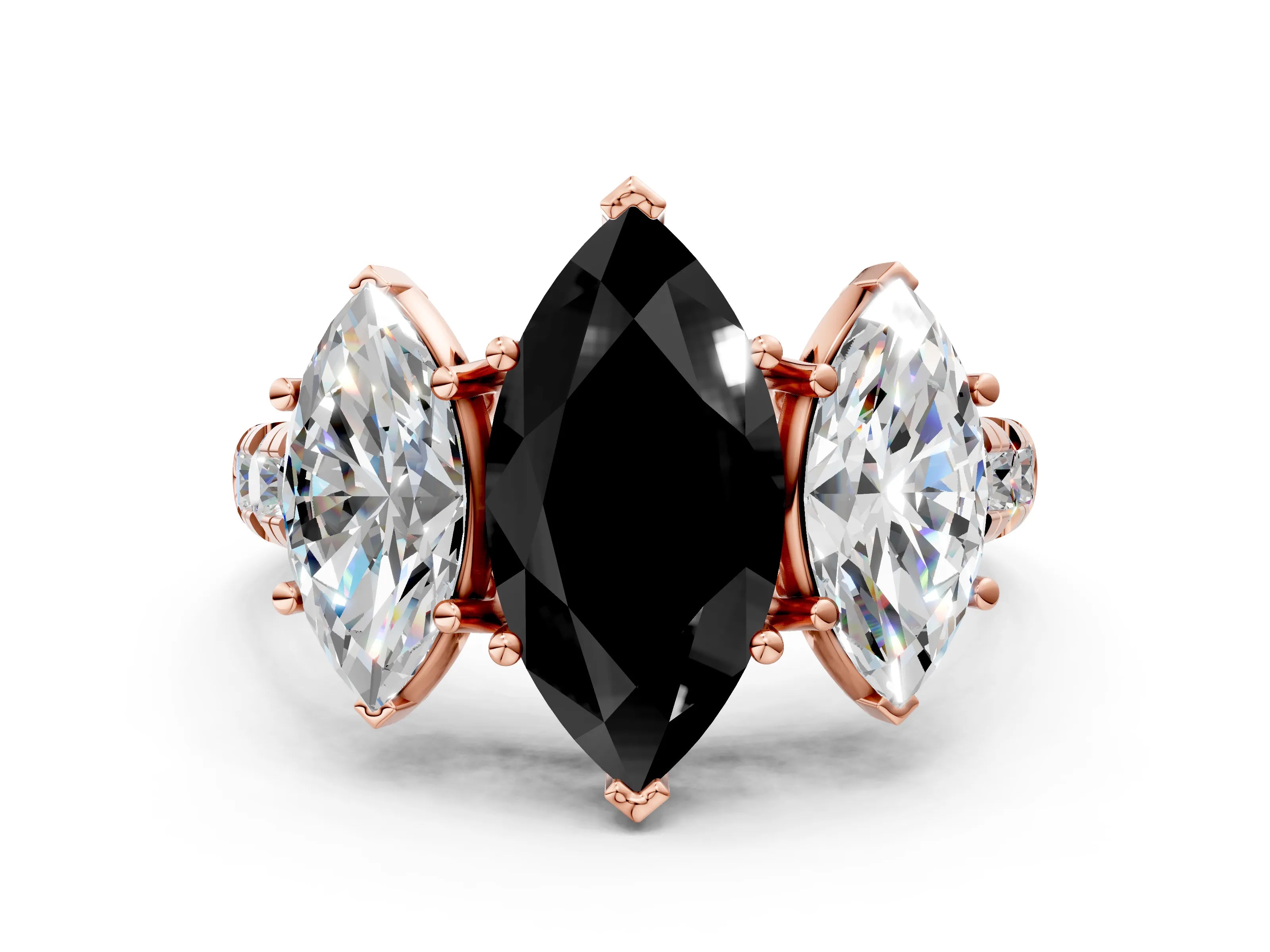 Rose gold Three-Stone Fancy Black Marquise Cut Diamond Pavé Band with Prong Setting