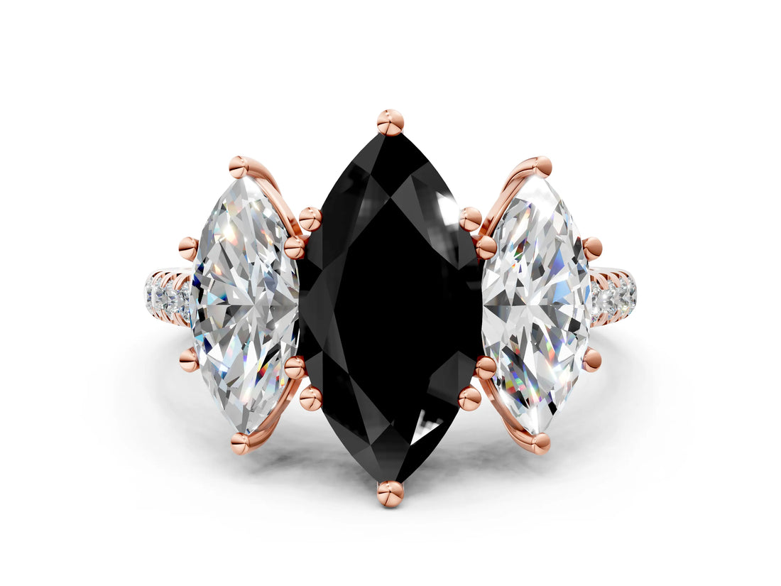 Rose gold Three-Stone Fancy Black Marquise Cut Diamond Ring with Pavé Band and Prong Setting_24