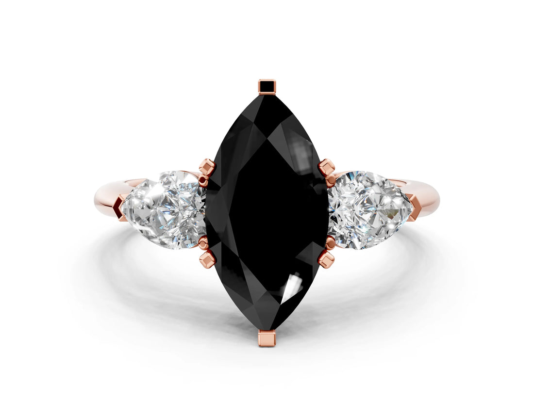 Rose gold Three-Stone Fancy Black Marquise Cut Diamond Ring with Pear Side Stones and Four-Prong Setting