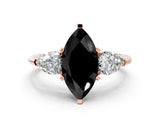 Rose gold Three-Stone Fancy Black Marquise Cut Diamond Ring with Pear Side Stones and Four-Prong Setting