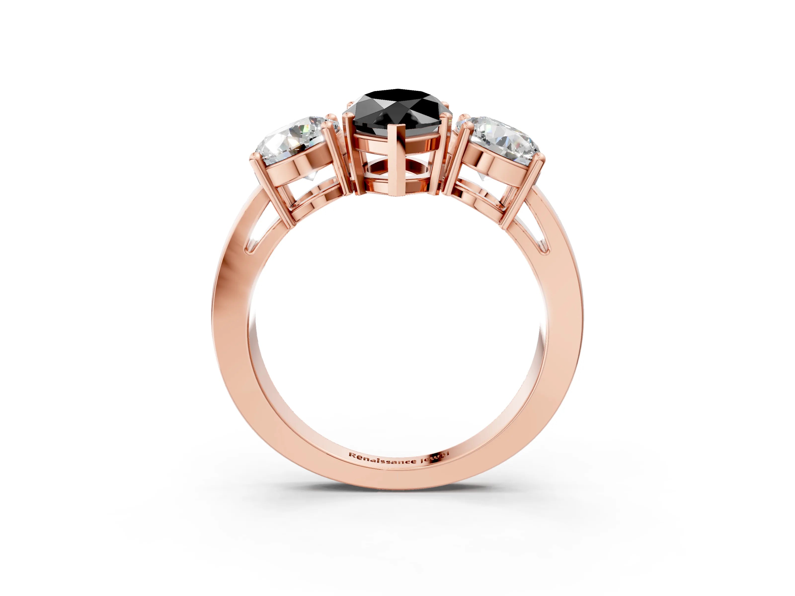 Rose gold Three-Stone Fancy Black Marquise Cut Diamond Ring with Round Side Stones, Classic Band, and Four-Prong Setting_3
