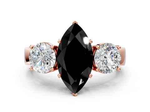 Rose gold Three-Stone Fancy Black Marquise Cut Diamond Ring with Round Side Stones, Classic Band, and Four-Prong Setting