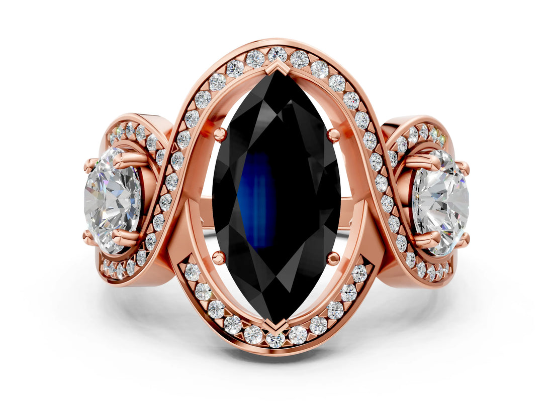 Rose gold Three-Stone Fancy Black Marquise Cut Diamond Wave Pave Band with Prong Setting