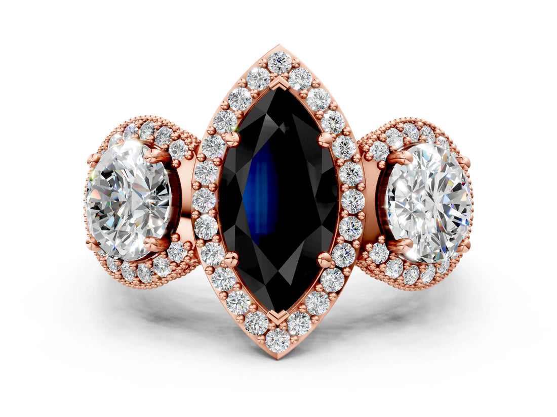 Rose gold Three-Stone Fancy Black Marquise Cut Halo Diamond Milgrain Band with Four-Prong Setting