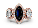 Rose gold Three-Stone Fancy Black Marquise Cut Halo Diamond Milgrain Band with Four-Prong Setting