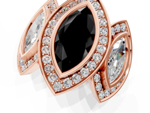 Rose gold Three-Stone Fancy Black Marquise Cut Halo Pavé Diamond Ring_1