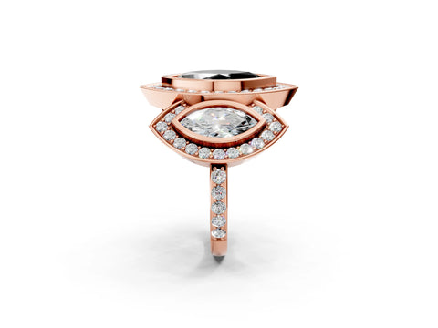Rose gold Three-Stone Fancy Black Marquise Cut Halo Pavé Diamond Ring_2