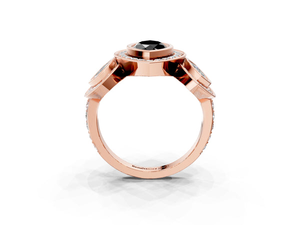 Rose Gold Marquise Bezel Three Stone Halo Engagement Ring Setting for Black Center
