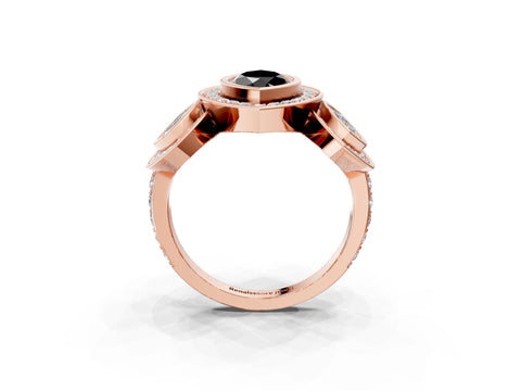 Rose gold Three-Stone Fancy Black Marquise Cut Halo Pavé Diamond Ring_3