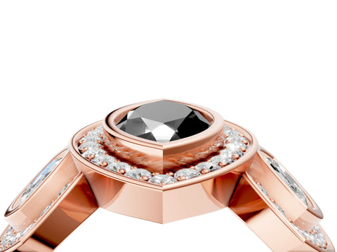 Rose gold Three-Stone Fancy Black Marquise Cut Halo Pavé Diamond Ring_4