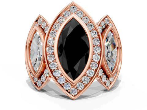 Rose gold Three-Stone Fancy Black Marquise Cut Halo Pavé Diamond Ring