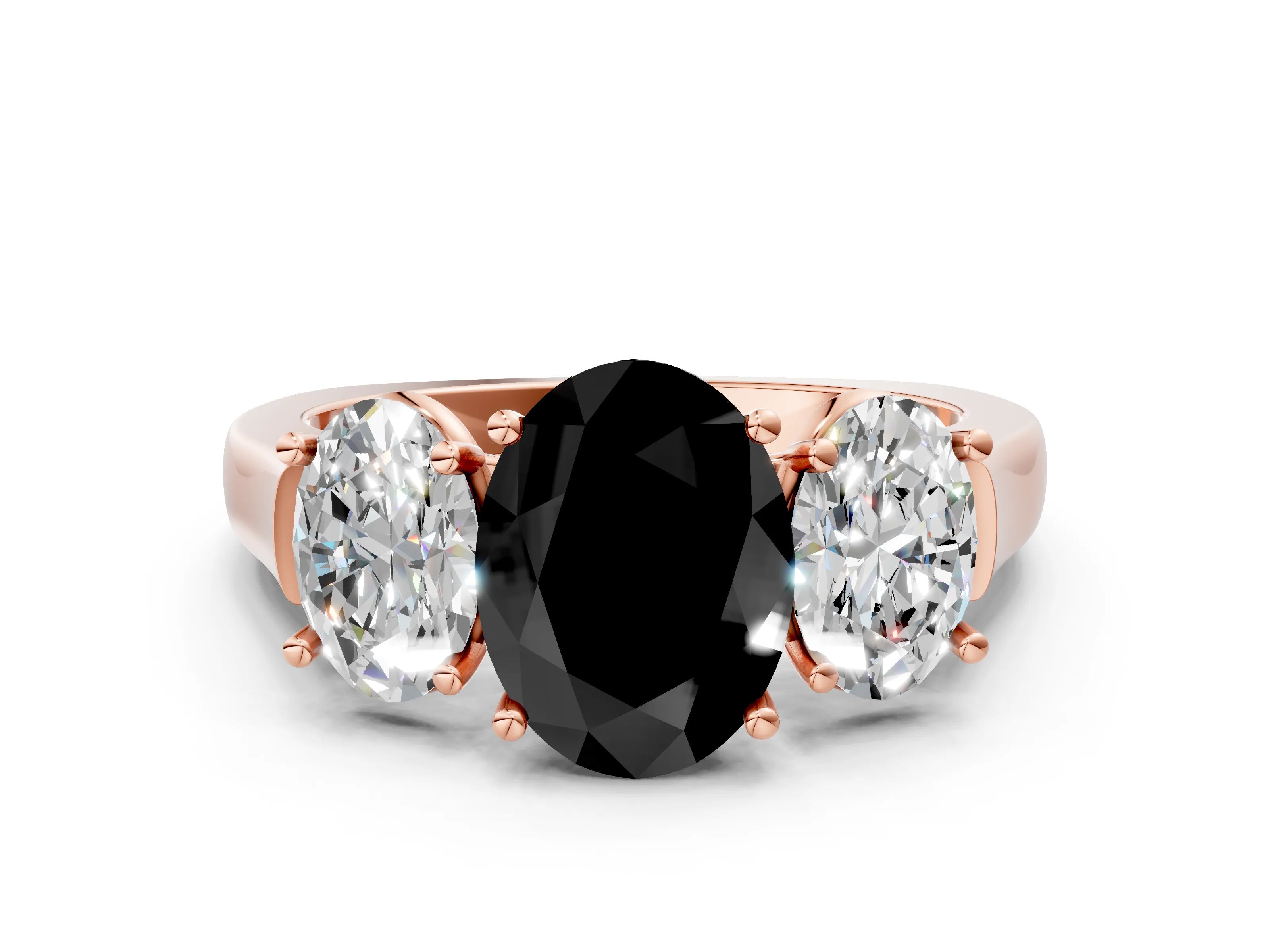 Rose gold Three-Stone Fancy Black Oval Cut Brilliant Diamond Trellis Ring with Comfort Fit Band