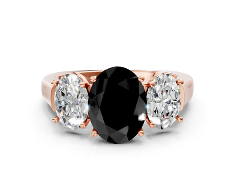 Rose gold Three-Stone Fancy Black Oval Cut Brilliant Diamond Trellis Ring with Comfort Fit Band