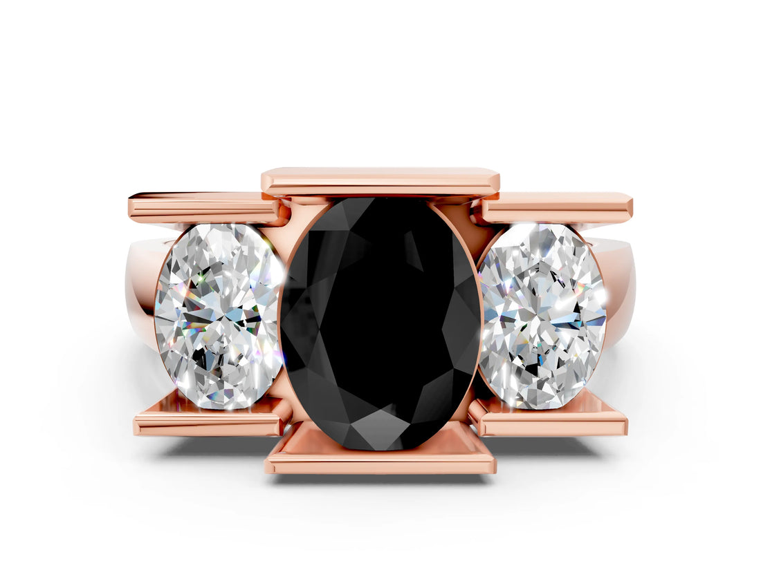 Rose gold Three Stone Fancy Black Oval Cut Cut Channel Set Diamond Ring