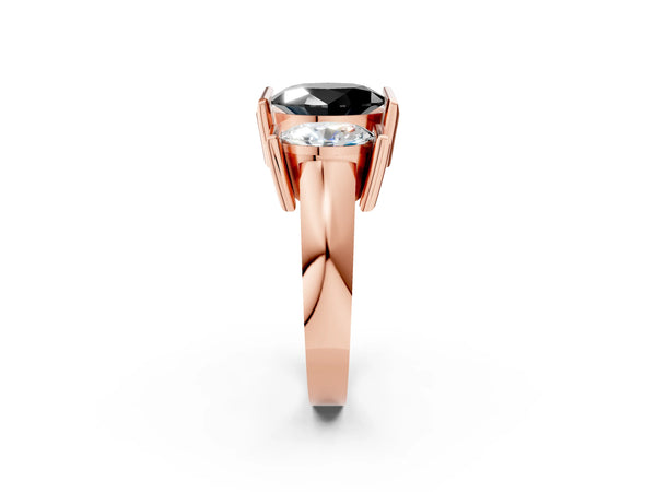 Rose Gold Oval Channel Set Three Stone Engagement Ring Setting for Black Center with Wide Flat Band