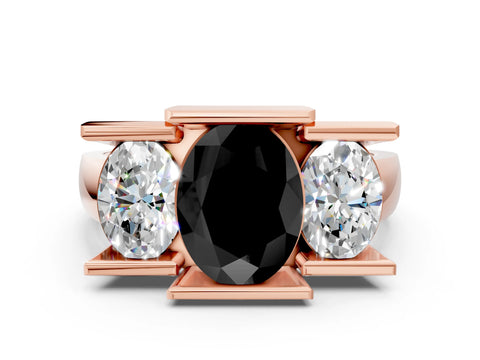Rose gold Three Stone Fancy Black Oval Cut Cut Channel Set Diamond Ring