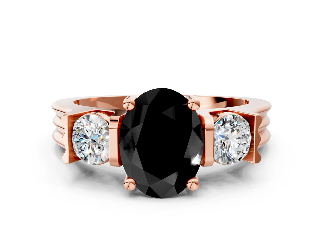 Rose gold Three-Stone Fancy Black Oval Cut Cut Classic Band Prong Setting Ring