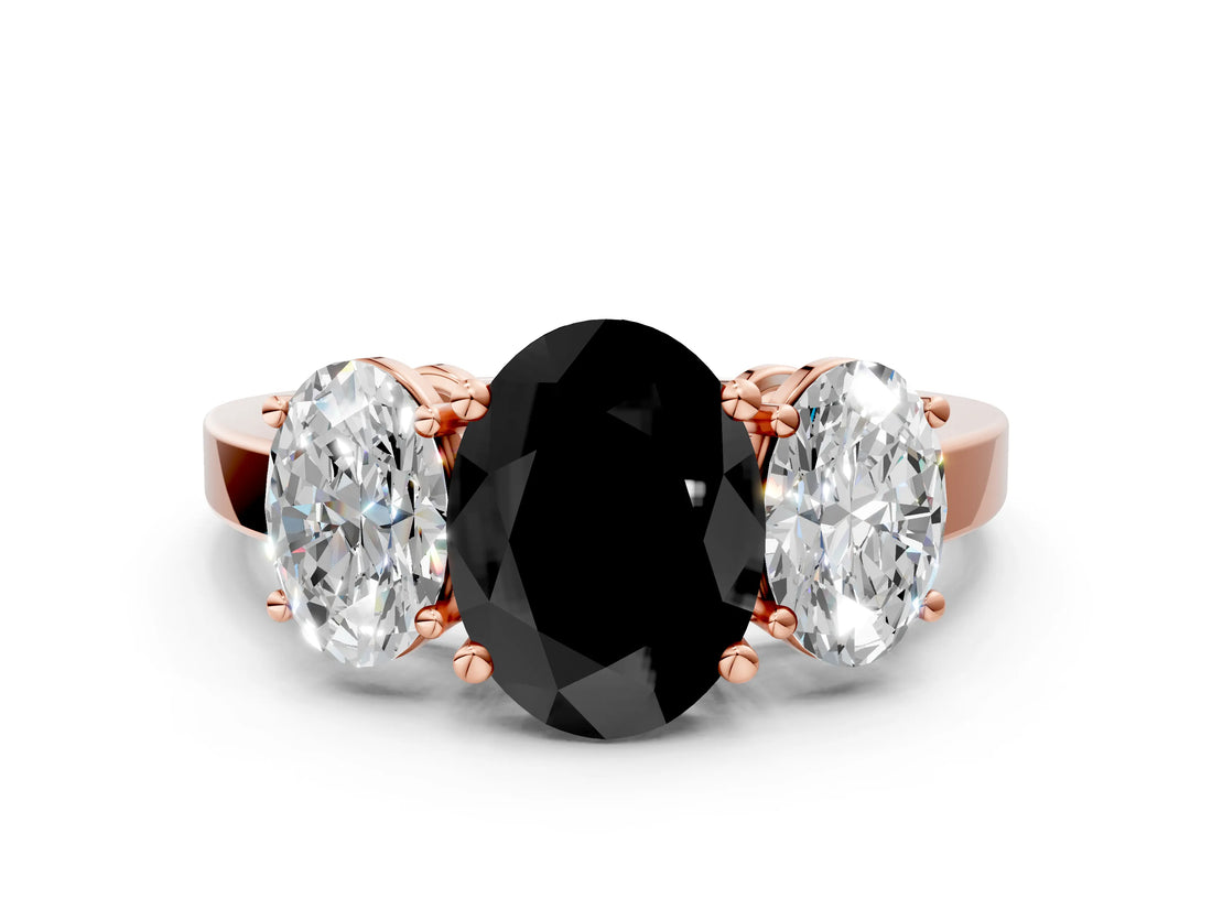 Rose gold Three-Stone Fancy Black Oval Cut Cut Diamond Engagement Ring with Flat Band and Four-Prong Setting