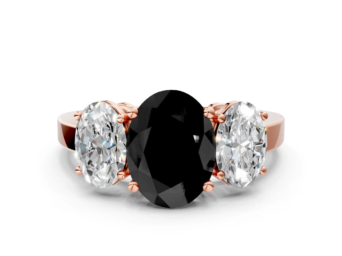 Rose gold Three-Stone Fancy Black Oval Cut Cut Diamond Engagement Ring with Flat Band and Four-Prong Setting_12