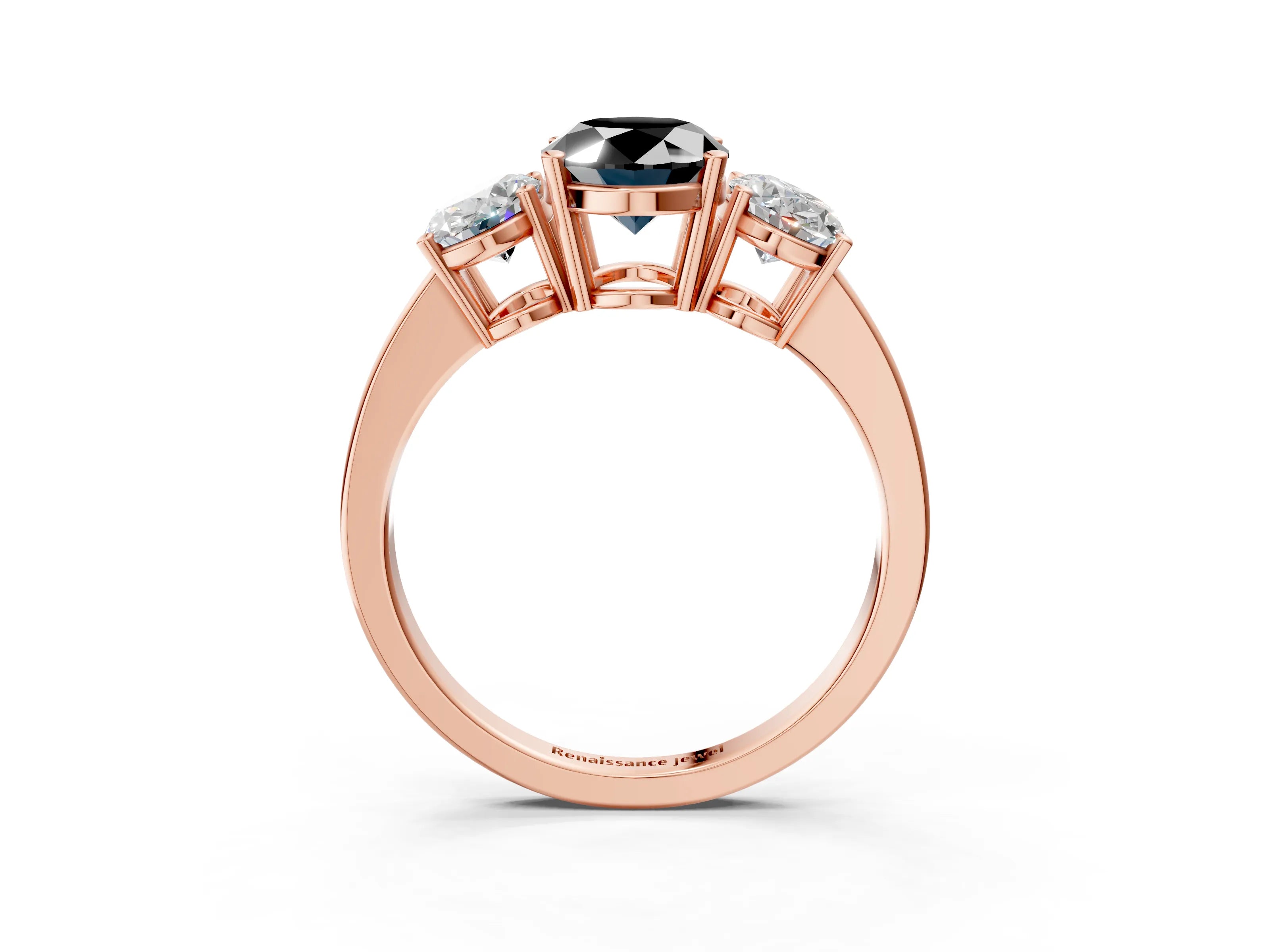 Rose gold Three-Stone Fancy Black Oval Cut Cut Diamond Engagement Ring with Flat Band and Four-Prong Setting_15