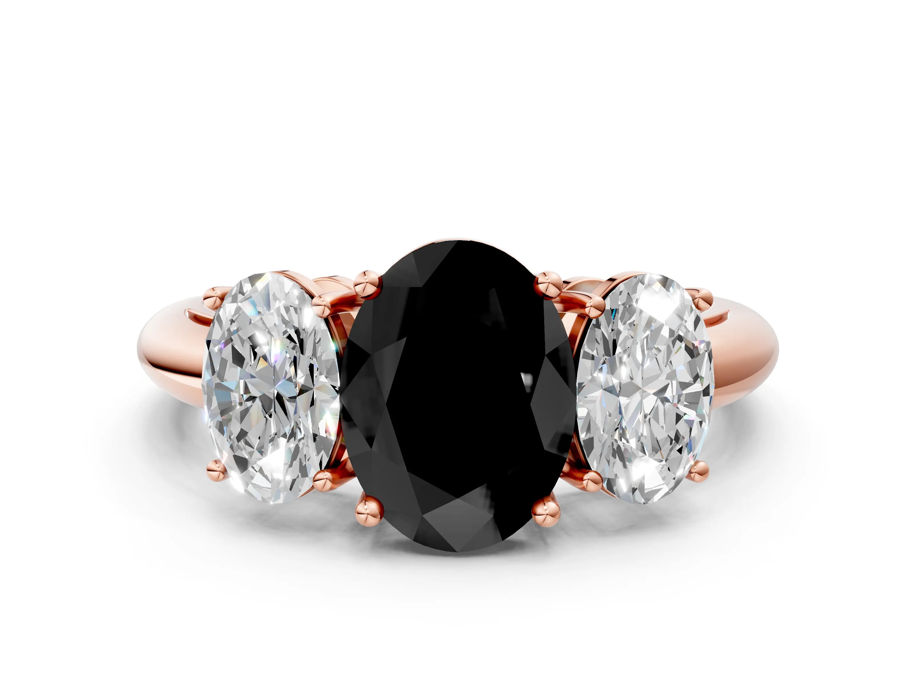Rose gold Three-Stone Fancy Black Oval Cut Cut Diamond Engagement Ring with Prong Setting on a White Gold Band