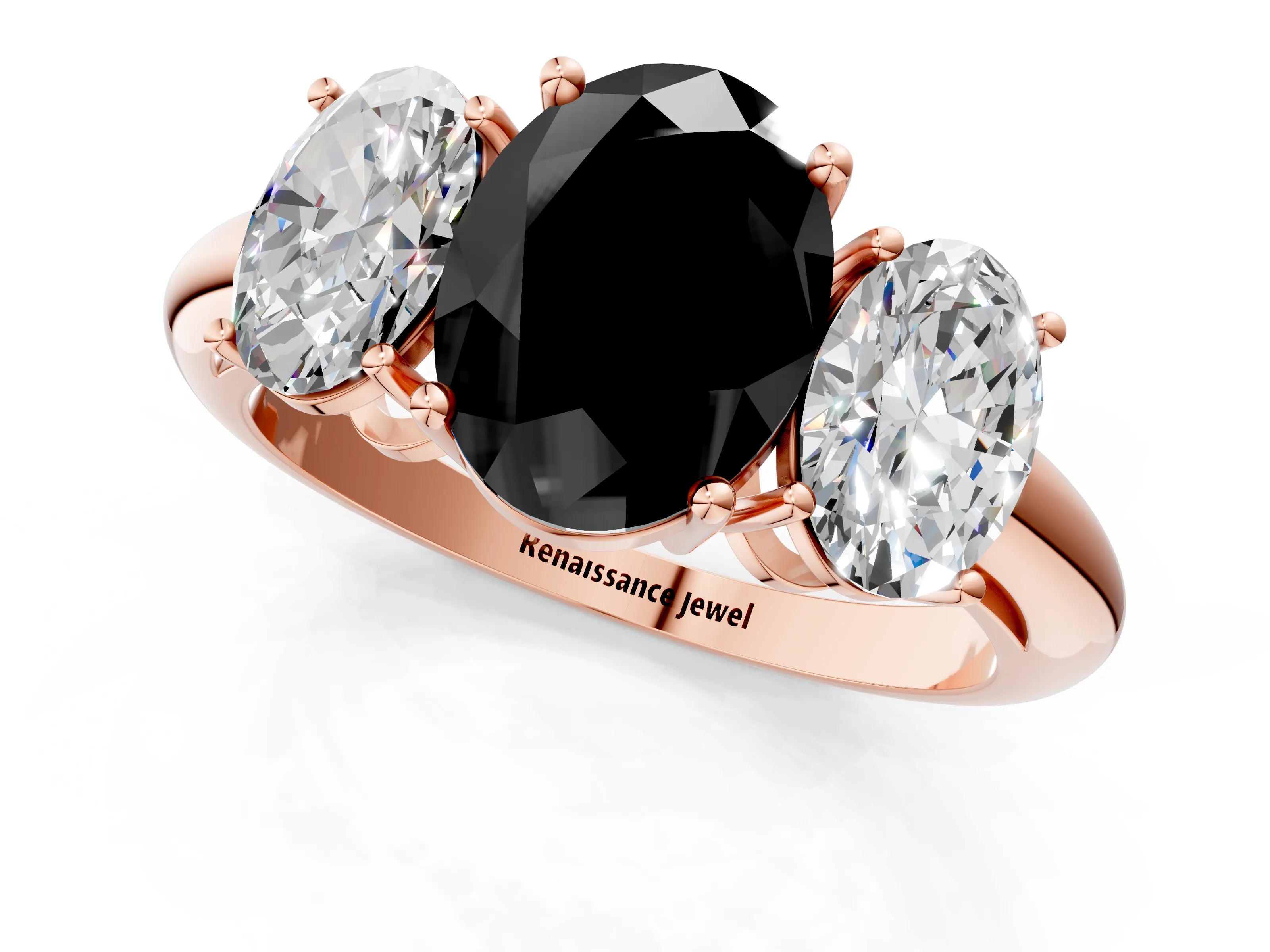 Rose gold Three-Stone Fancy Black Oval Cut Cut Diamond Engagement Ring with Prong Setting on a White Gold Band_1