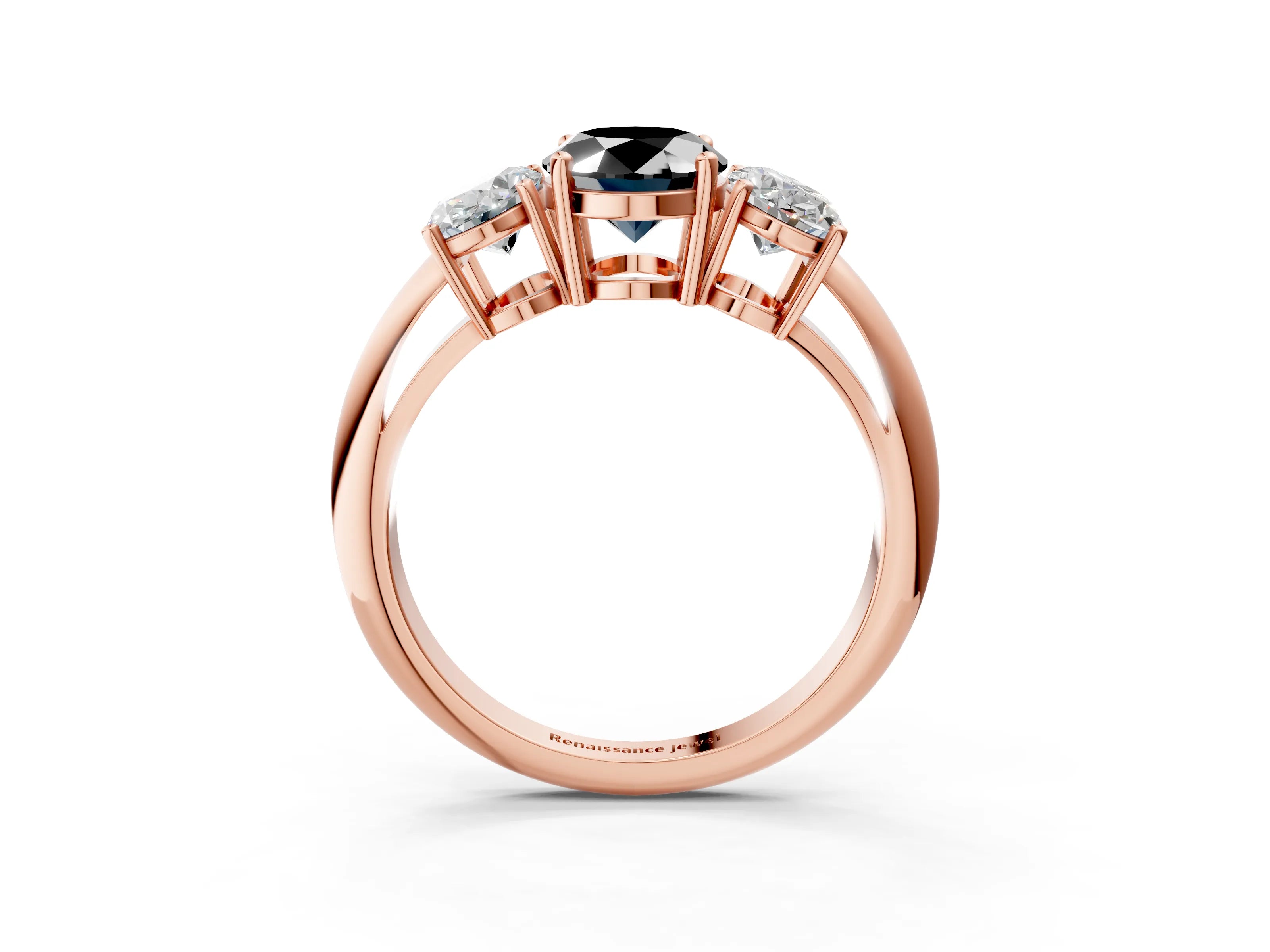 Rose gold Three-Stone Fancy Black Oval Cut Cut Diamond Engagement Ring with Prong Setting on a White Gold Band_3