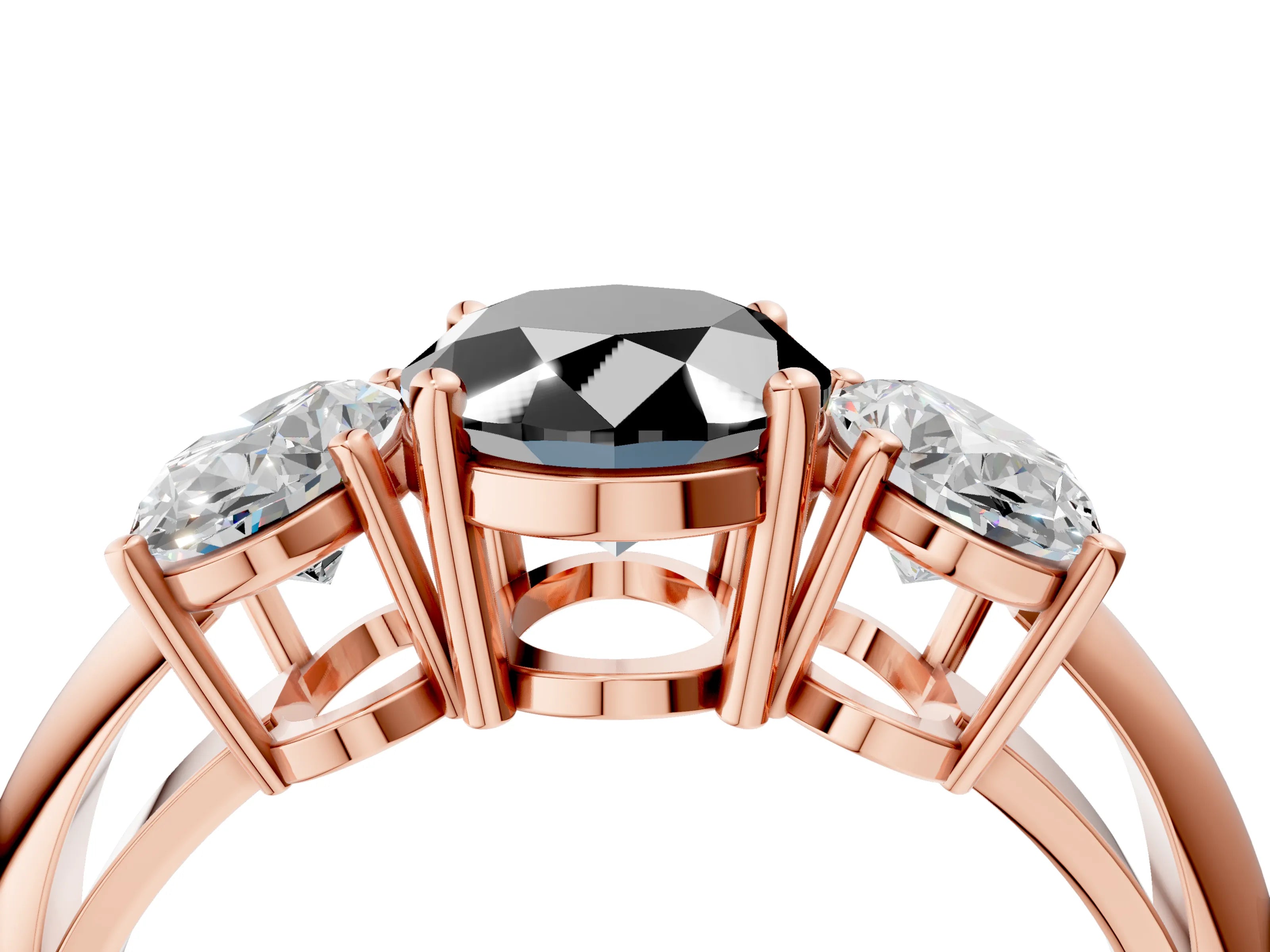 Rose gold Three-Stone Fancy Black Oval Cut Cut Diamond Engagement Ring with Prong Setting on a White Gold Band_4