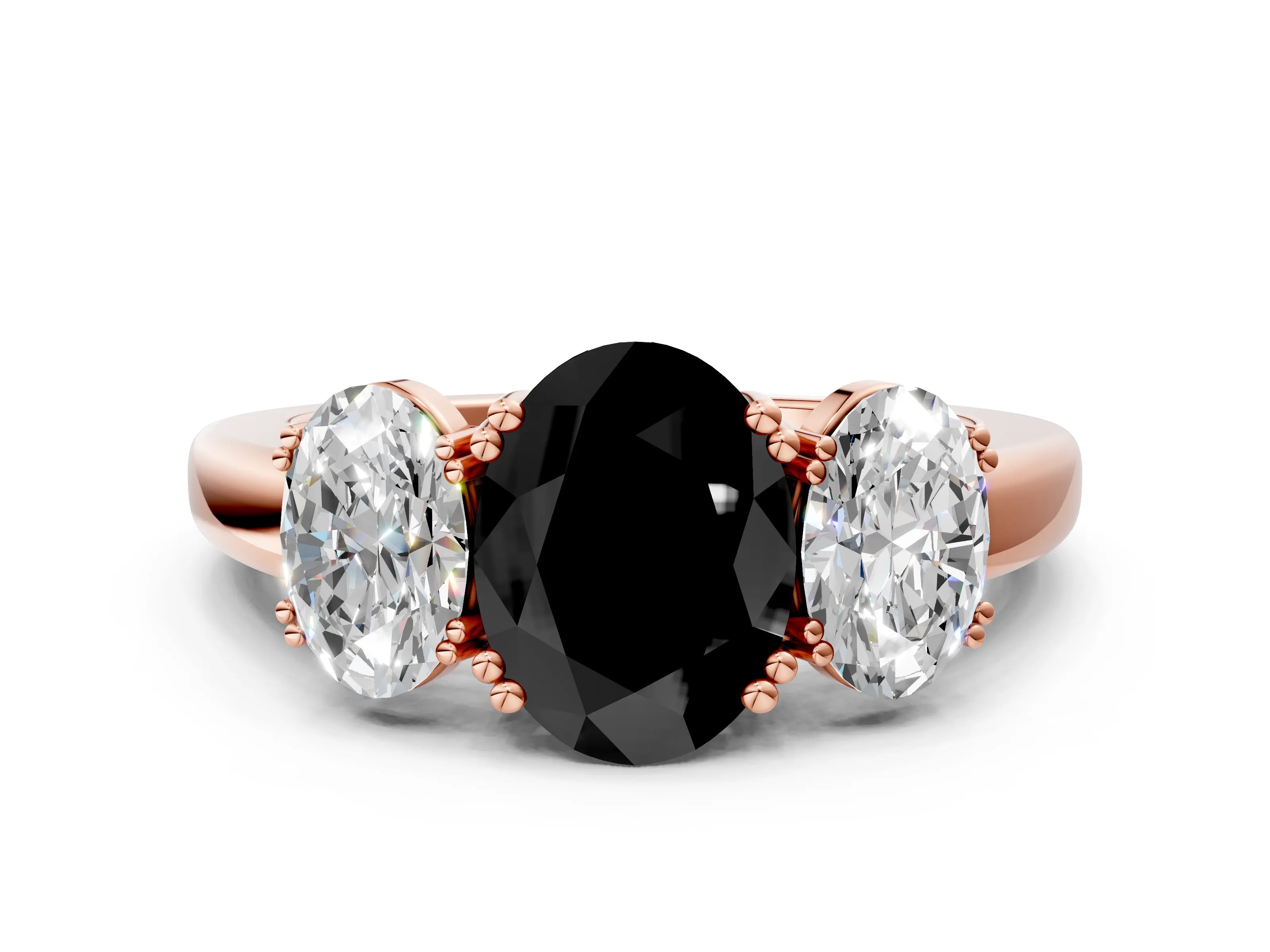 Rose gold Three-Stone Fancy Black Oval Cut Cut Diamond Ring with Channel Set Band and Four-Prong Setting