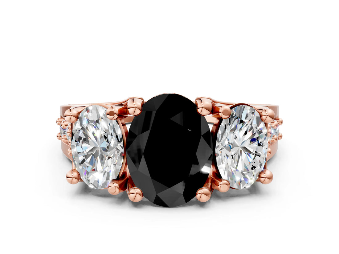 Rose gold Three-Stone Fancy Black Oval Cut Cut Diamond Ring with Channel-Set Band and Four-Prong Setting_12