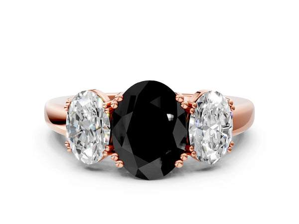 Rose Gold Oval Three Stone Engagement Ring Setting for Black Center with Double Claw Head and Plain Band