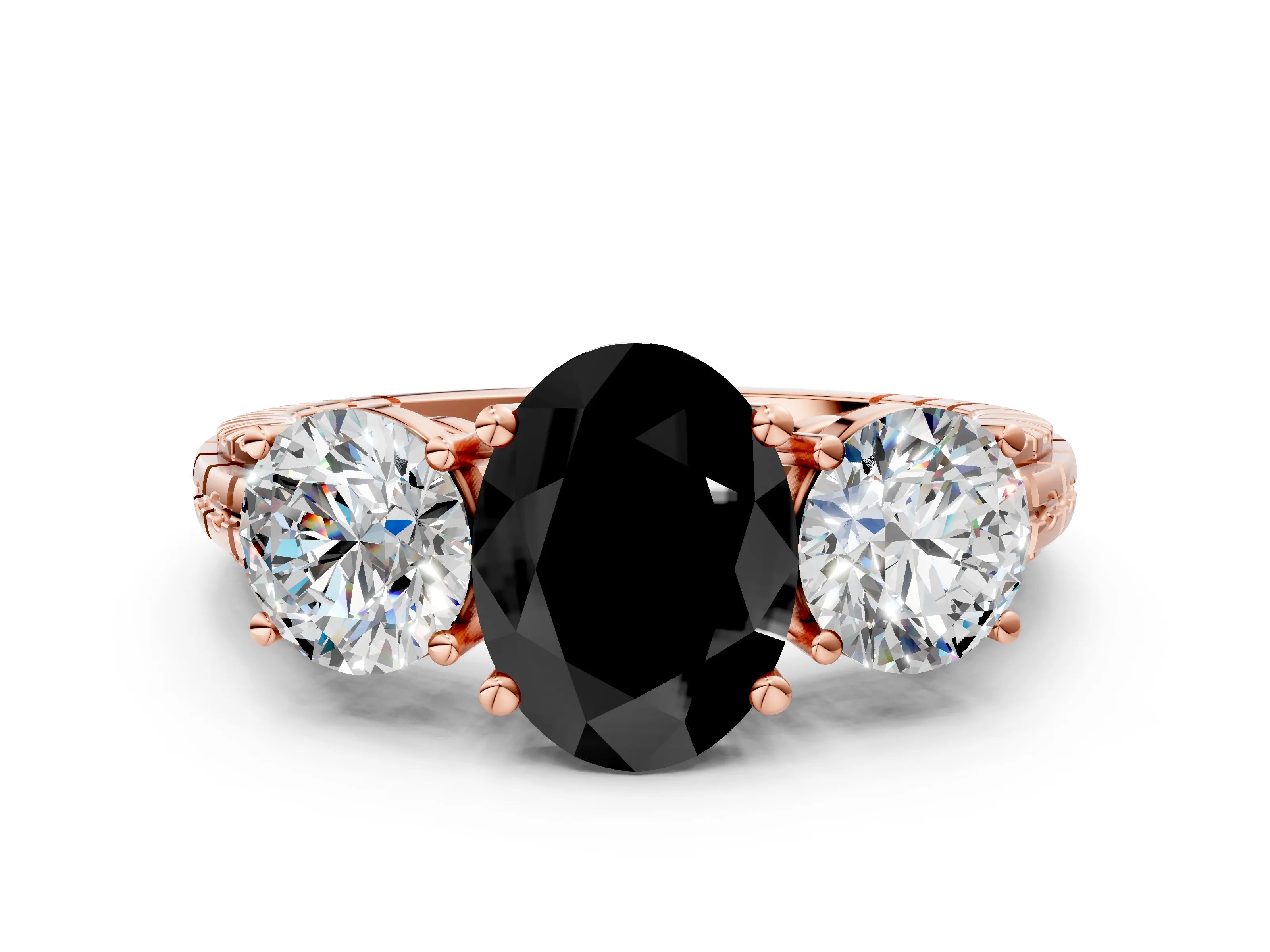 Rose gold Three-Stone Fancy Black Oval Cut Cut Diamond Ring with Channel-Set Band and Prong Setting
