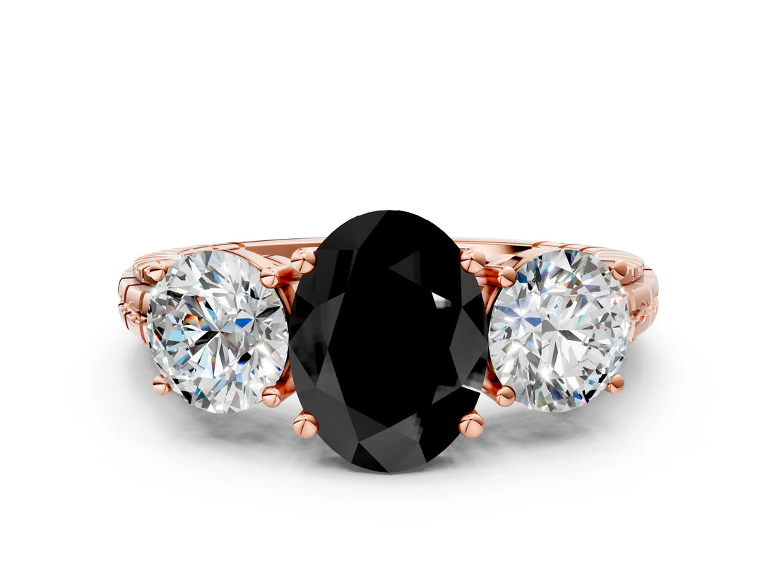 Rose gold Three-Stone Fancy Black Oval Cut Cut Diamond Ring with Channel-Set Band and Prong Setting