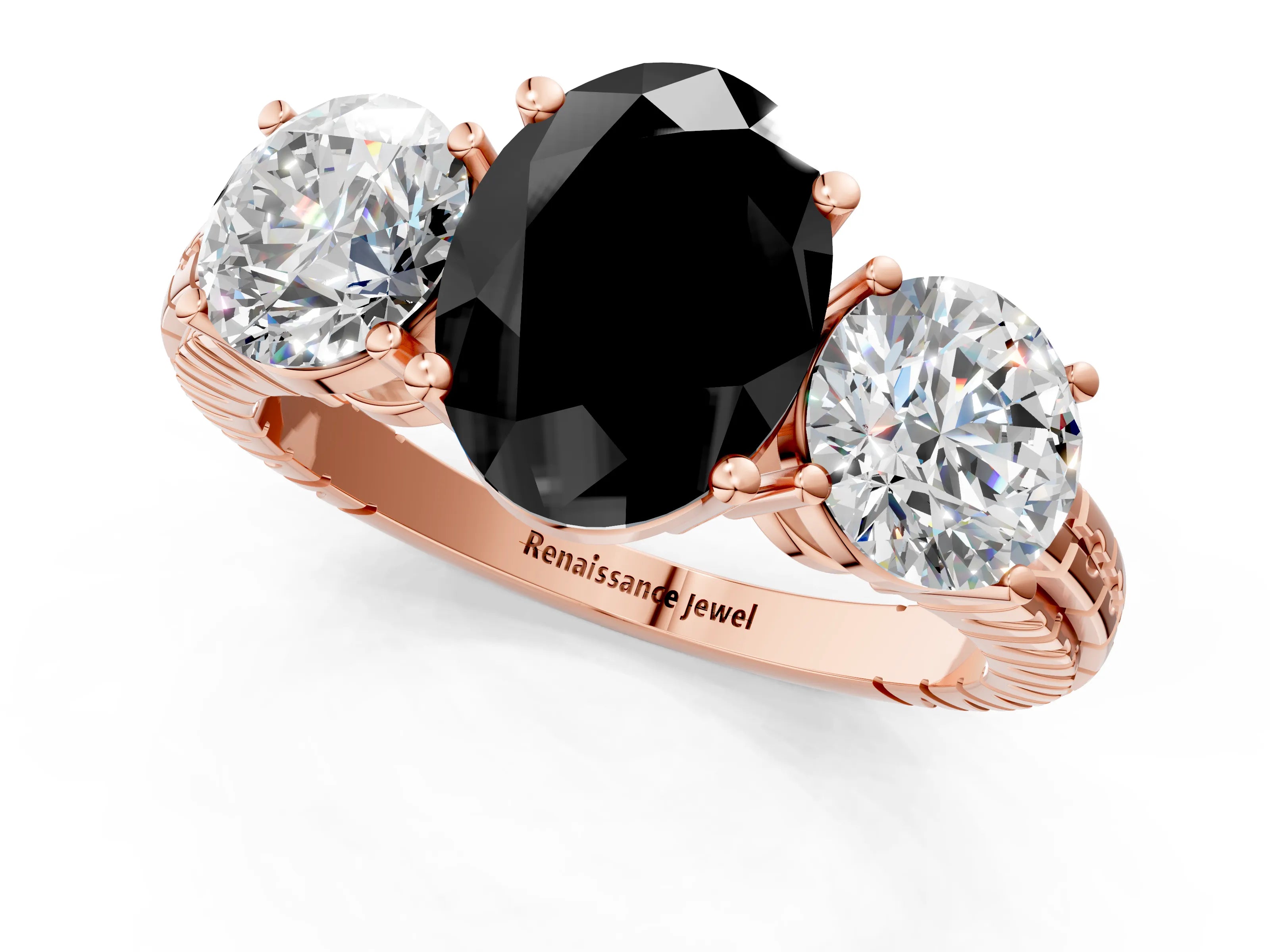 Rose gold Three-Stone Fancy Black Oval Cut Cut Diamond Ring with Channel-Set Band and Prong Setting_1