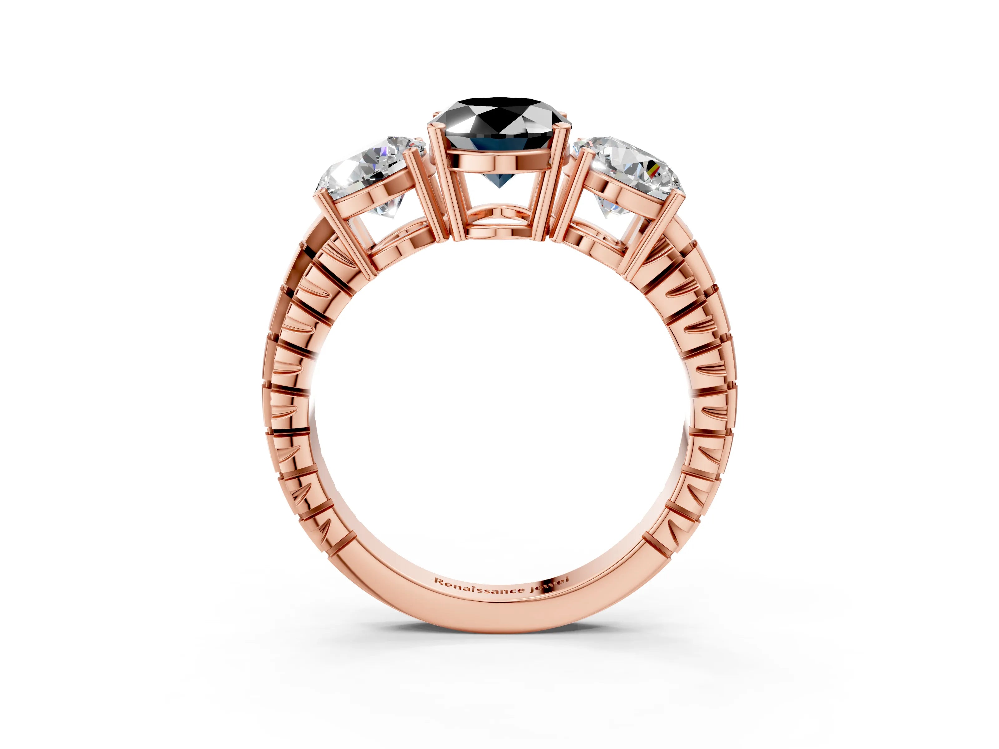 Rose gold Three-Stone Fancy Black Oval Cut Cut Diamond Ring with Channel-Set Band and Prong Setting_3