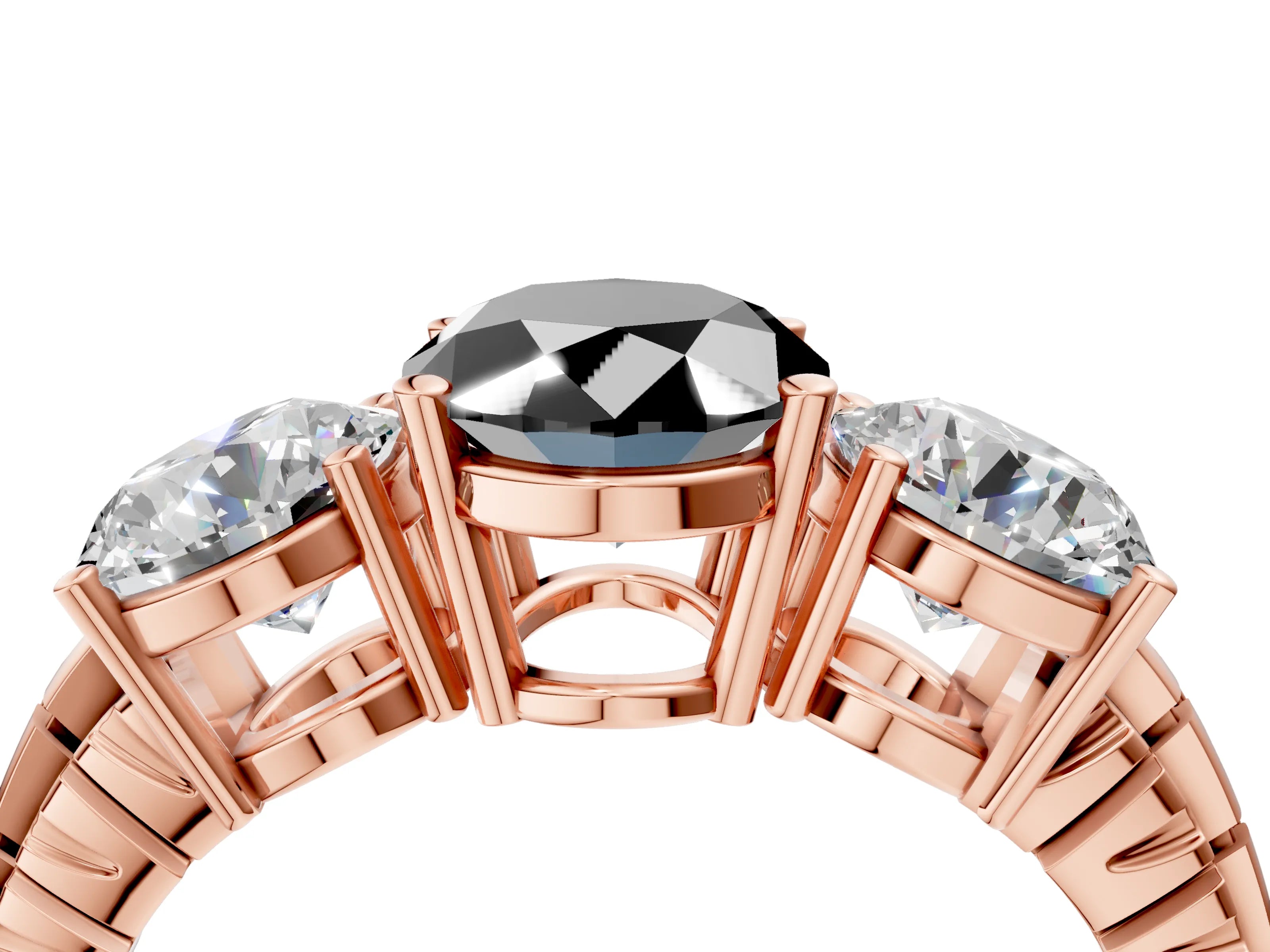 Rose gold Three-Stone Fancy Black Oval Cut Cut Diamond Ring with Channel-Set Band and Prong Setting_4
