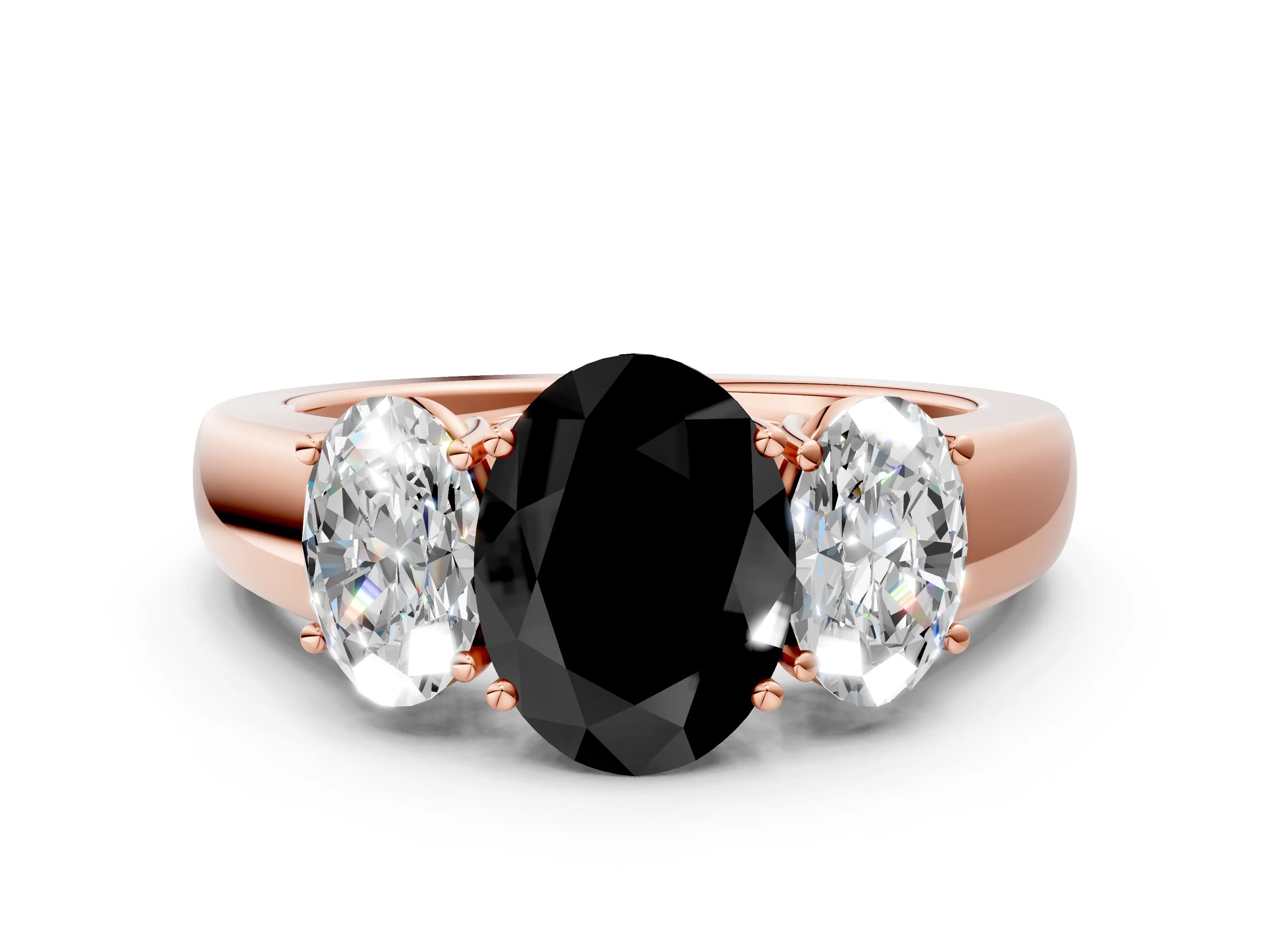 Rose gold Three-Stone Fancy Black Oval Cut Cut Diamond Ring with Prong Setting and Classic Band