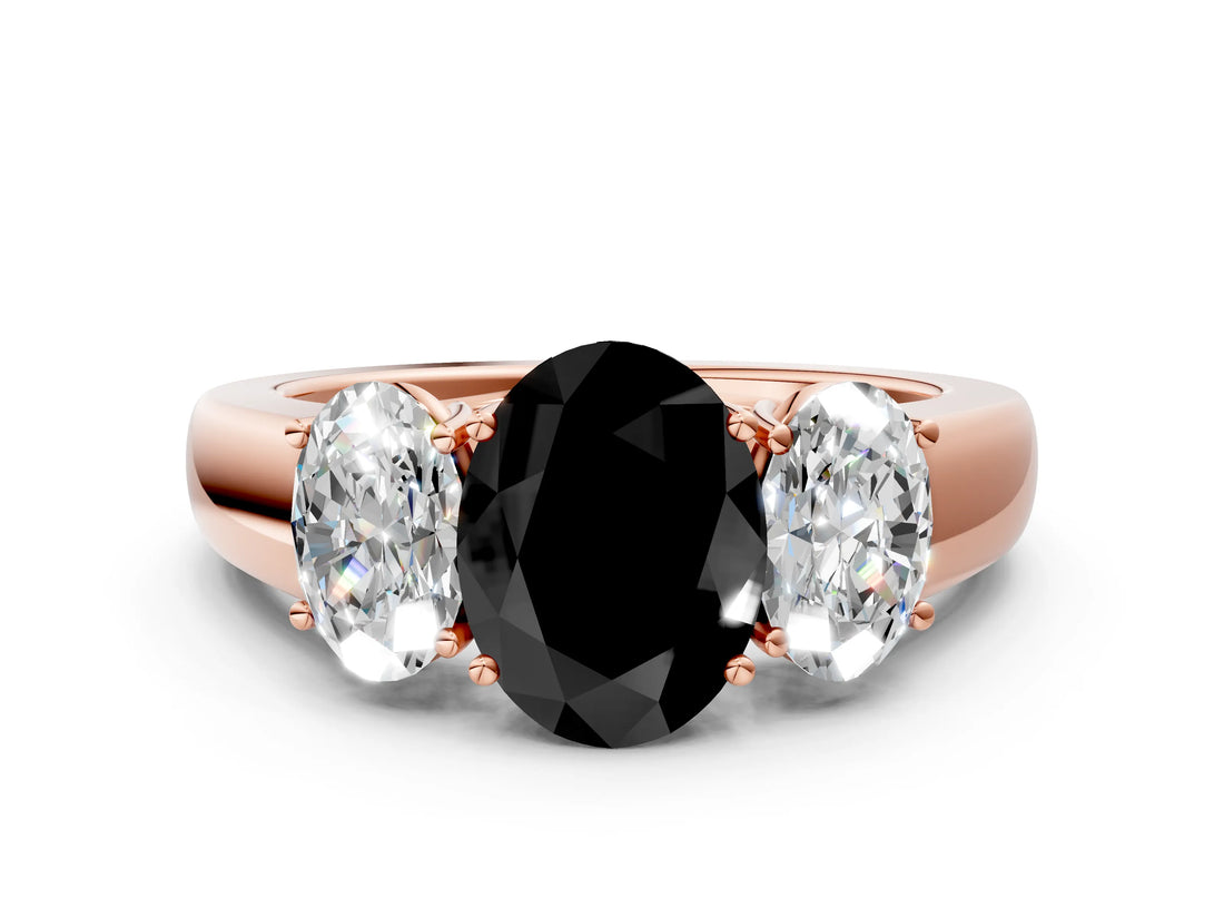 Rose gold Three-Stone Fancy Black Oval Cut Cut Diamond Ring with Prong Setting and Classic Band