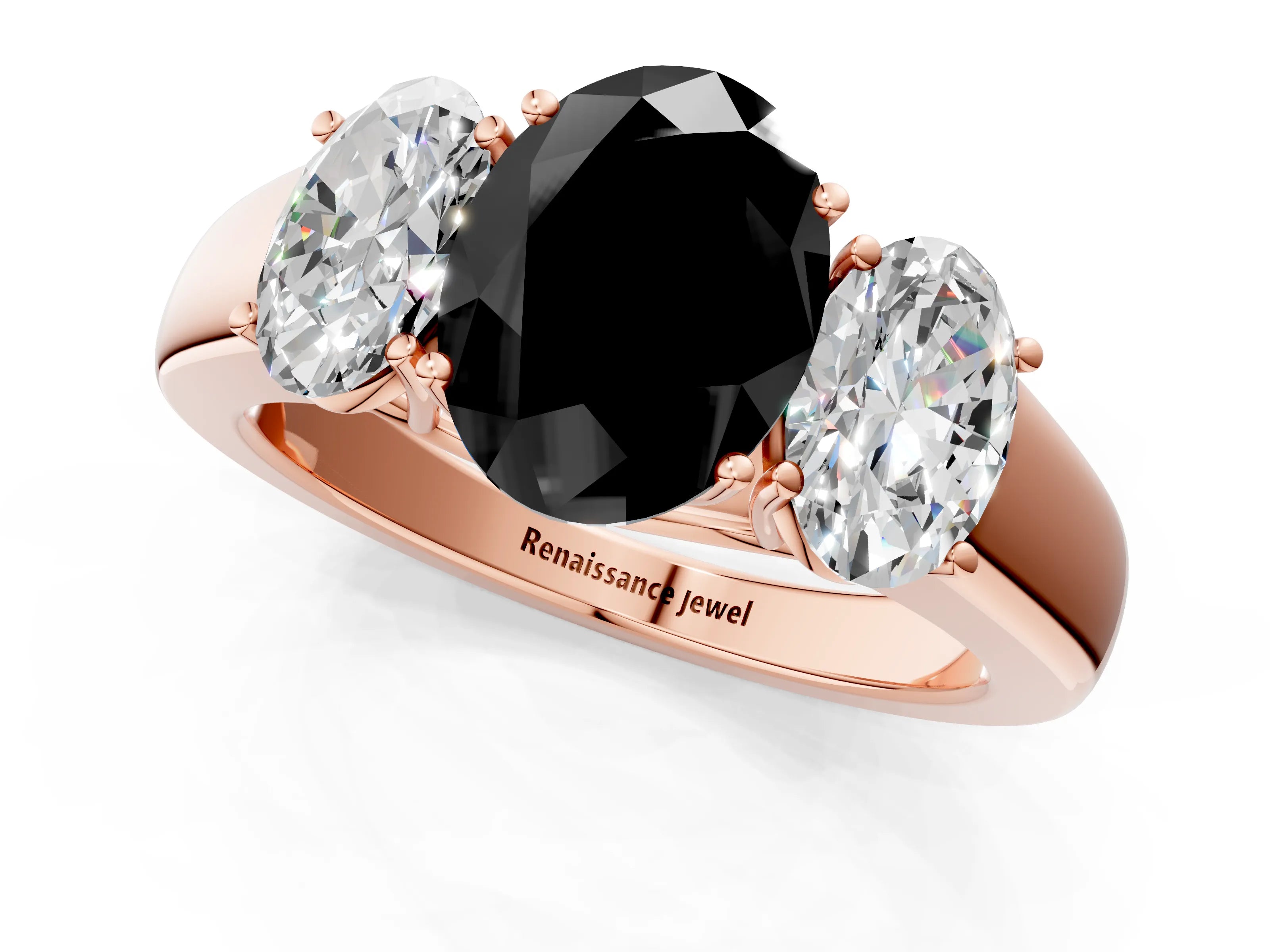 Rose gold Three-Stone Fancy Black Oval Cut Cut Diamond Ring with Prong Setting and Classic Band_1