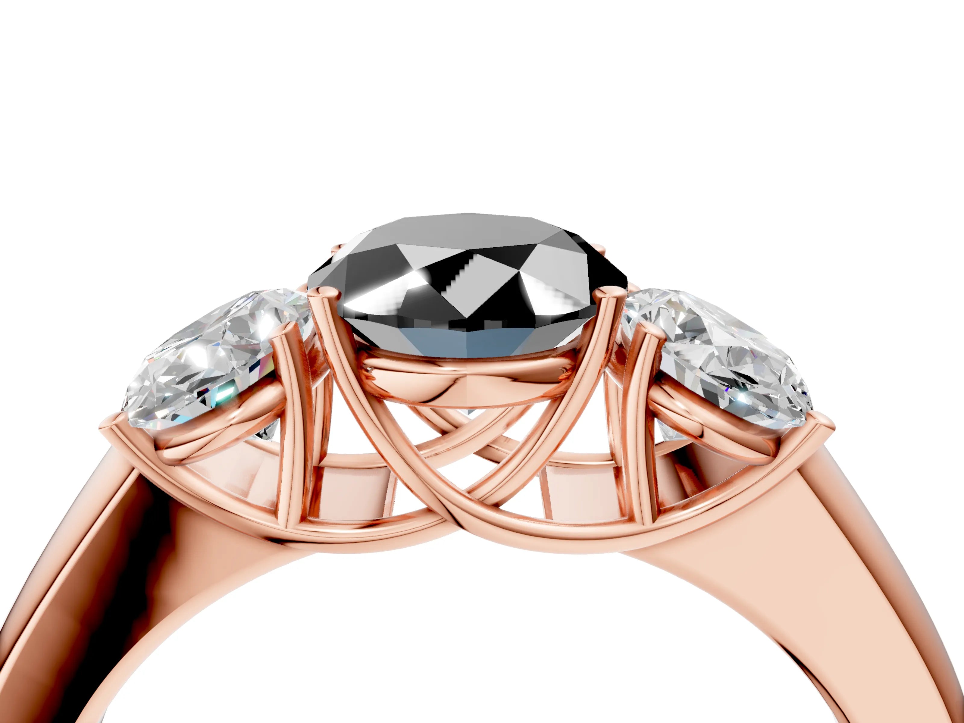 Rose gold Three-Stone Fancy Black Oval Cut Cut Diamond Ring with Prong Setting and Classic Band_4