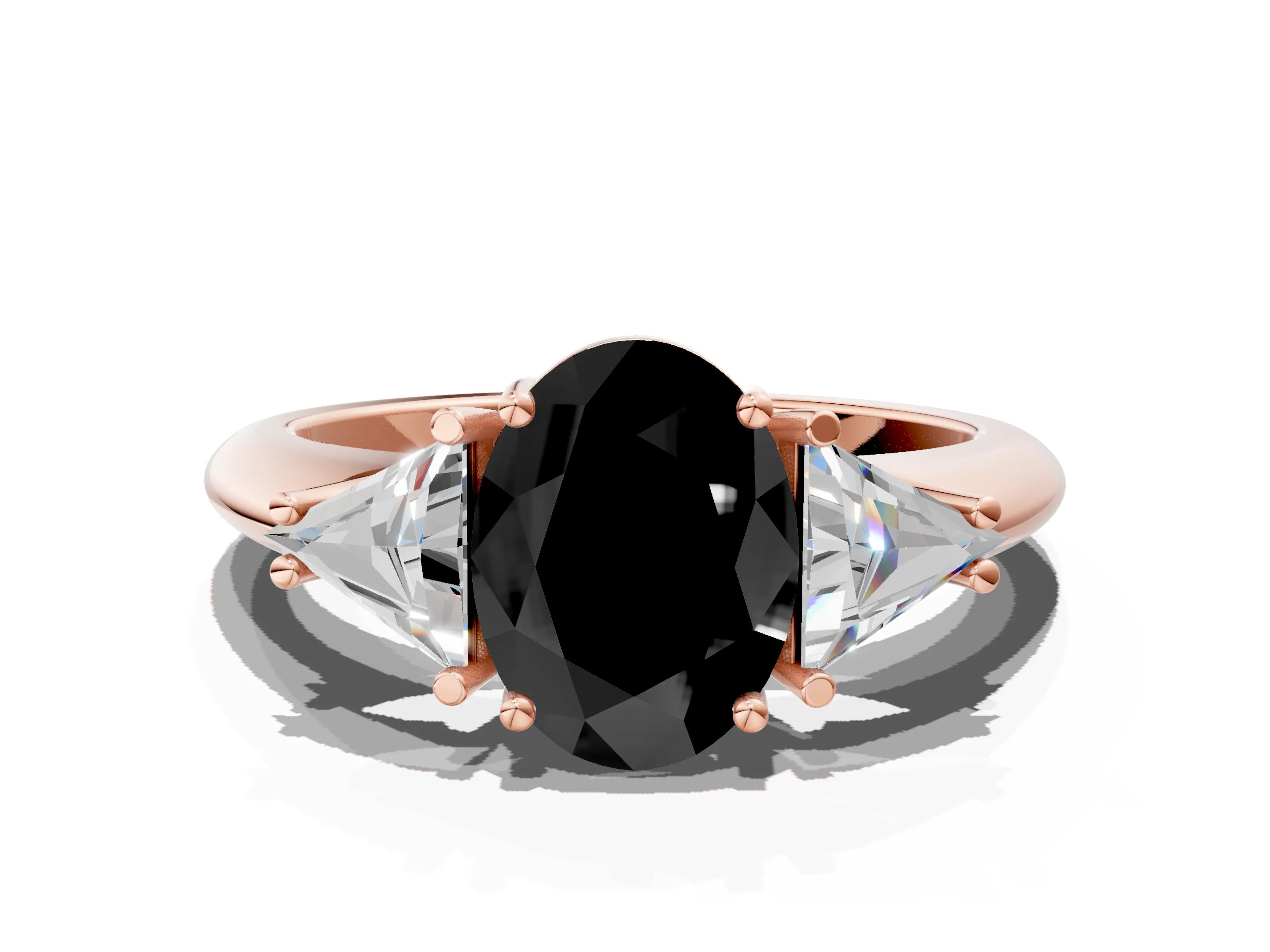 Rose gold Three-Stone Fancy Black Oval Cut Cut Diamond Ring with Trillion Side Stones and Four-Prong Setting_3