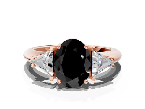Rose gold Three-Stone Fancy Black Oval Cut Cut Diamond Ring with Trillion Side Stones and Four-Prong Setting_3