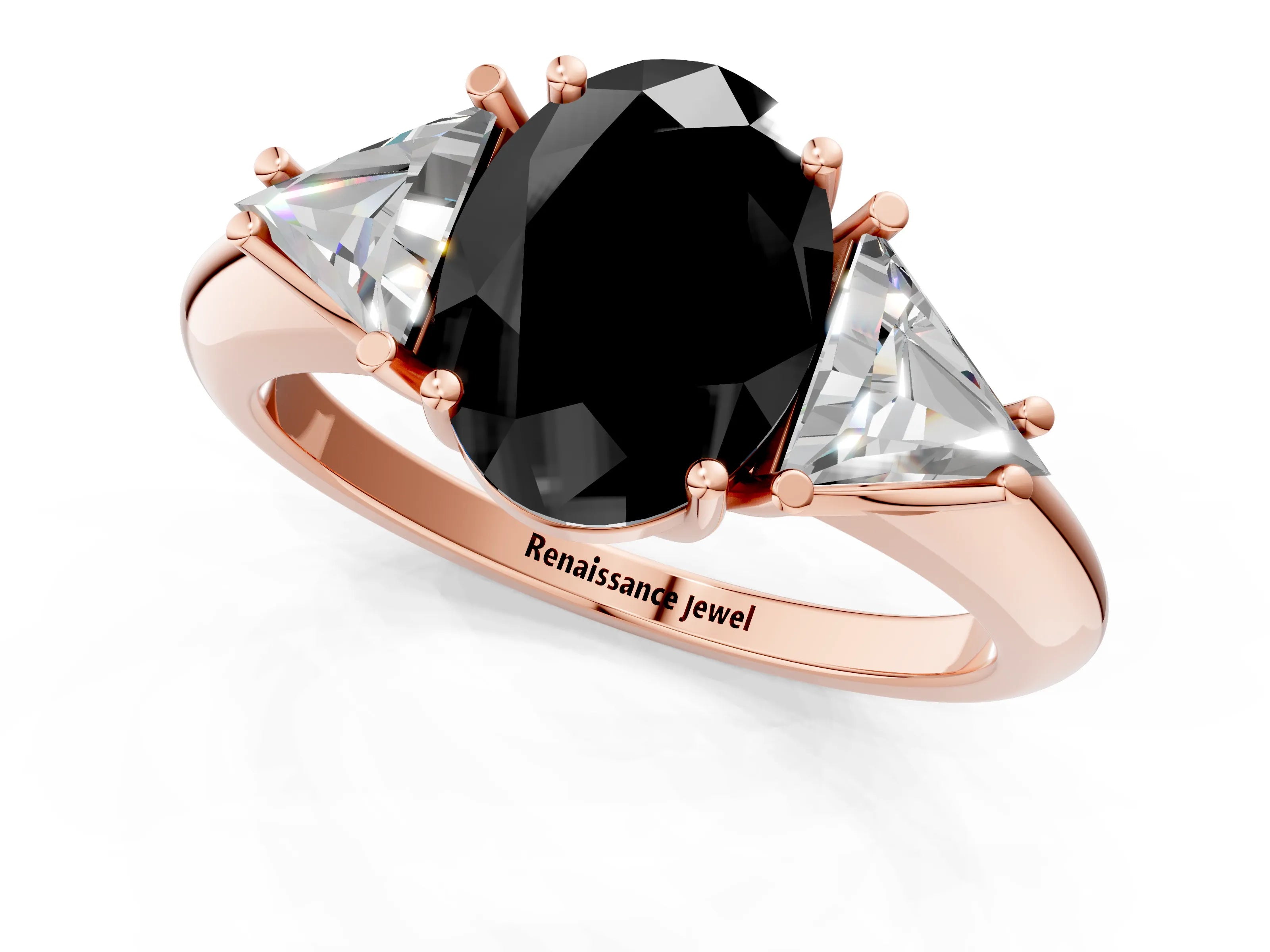 Rose gold Three-Stone Fancy Black Oval Cut Cut Diamond Ring with Trillion Side Stones and Four-Prong Setting_4
