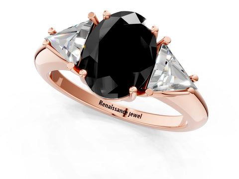 Rose gold Three-Stone Fancy Black Oval Cut Cut Diamond Ring with Trillion Side Stones and Four-Prong Setting_4