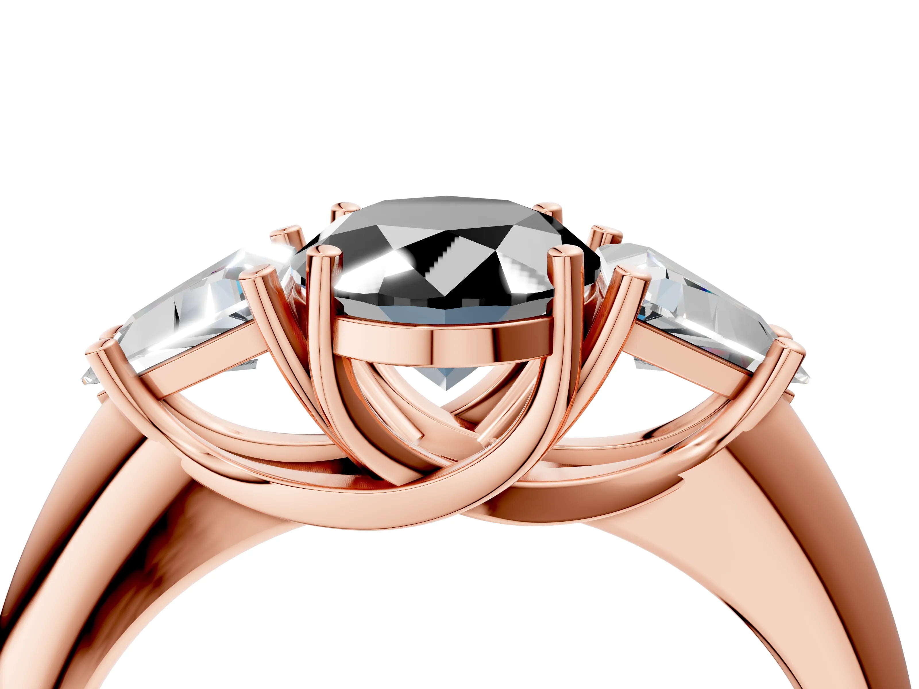 Rose gold Three-Stone Fancy Black Oval Cut Cut Diamond Ring with Trillion Side Stones and Four-Prong Setting_7