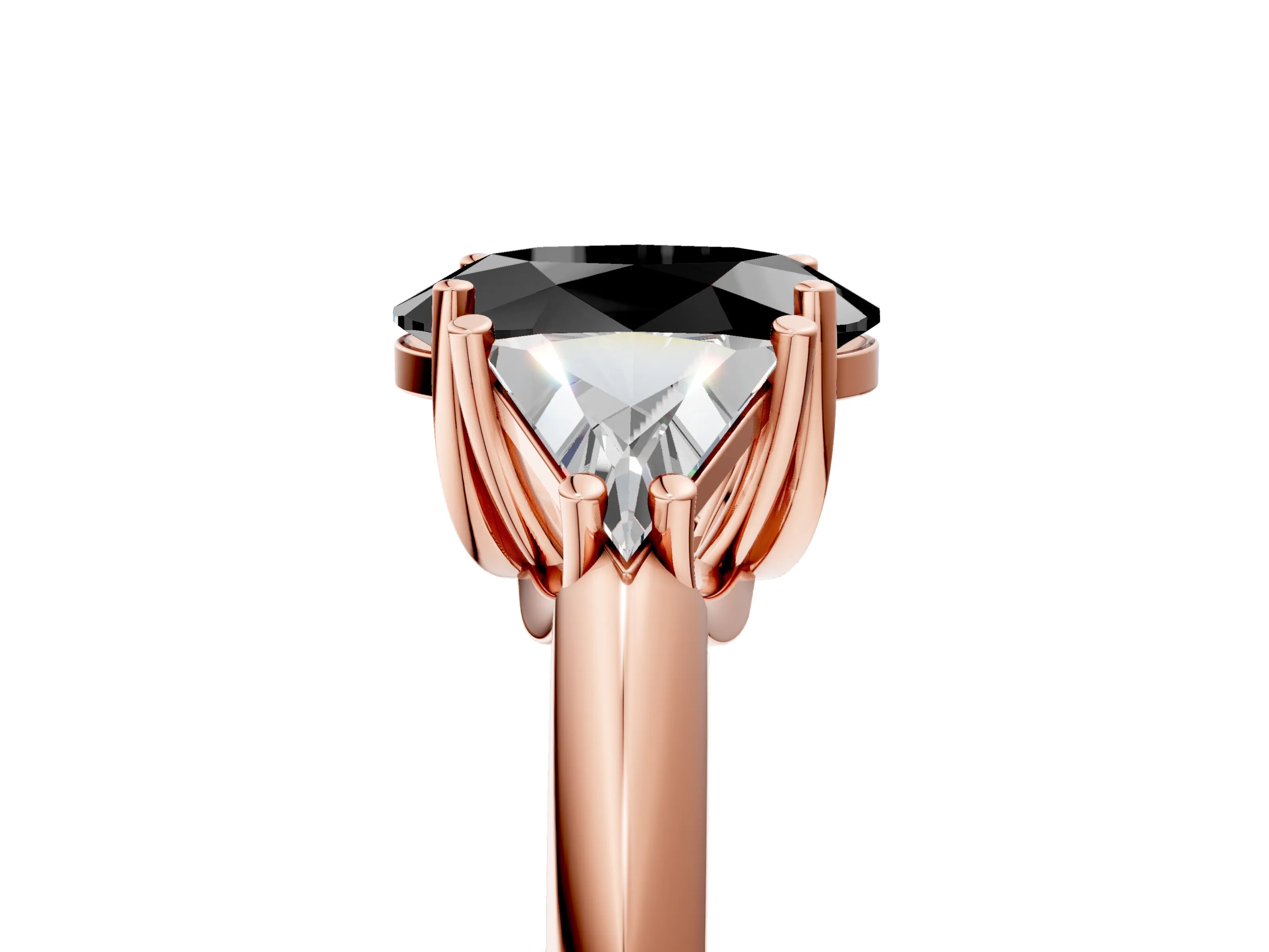Rose gold Three-Stone Fancy Black Oval Cut Cut Diamond Ring with Trillion Side Stones and Four-Prong Setting_8