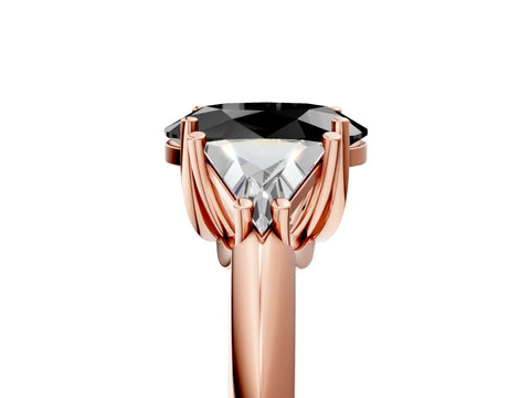 Rose gold Three-Stone Fancy Black Oval Cut Cut Diamond Ring with Trillion Side Stones and Four-Prong Setting_8