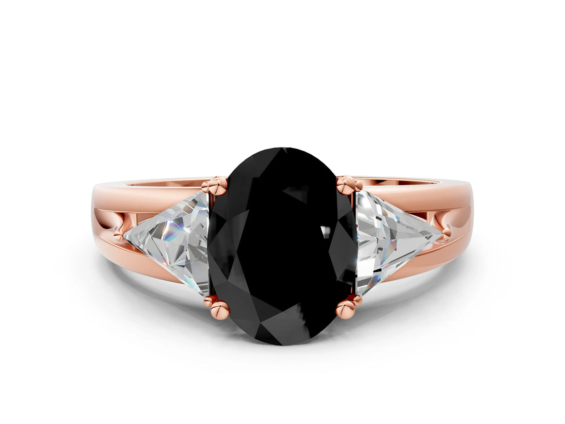 Rose gold Three-Stone Fancy Black Oval Cut Cut Diamond Ring with Trillion Side Stones on a Split Shank Band