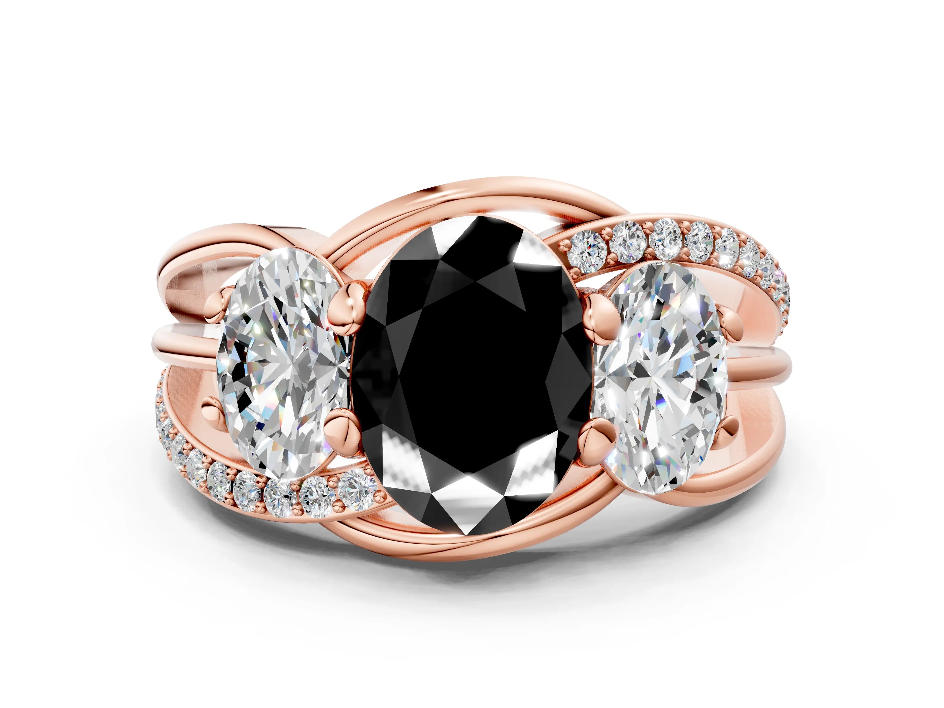 Rose gold Three-Stone Fancy Black Oval Cut Cut Diamond Split Shank Prong Set Ring