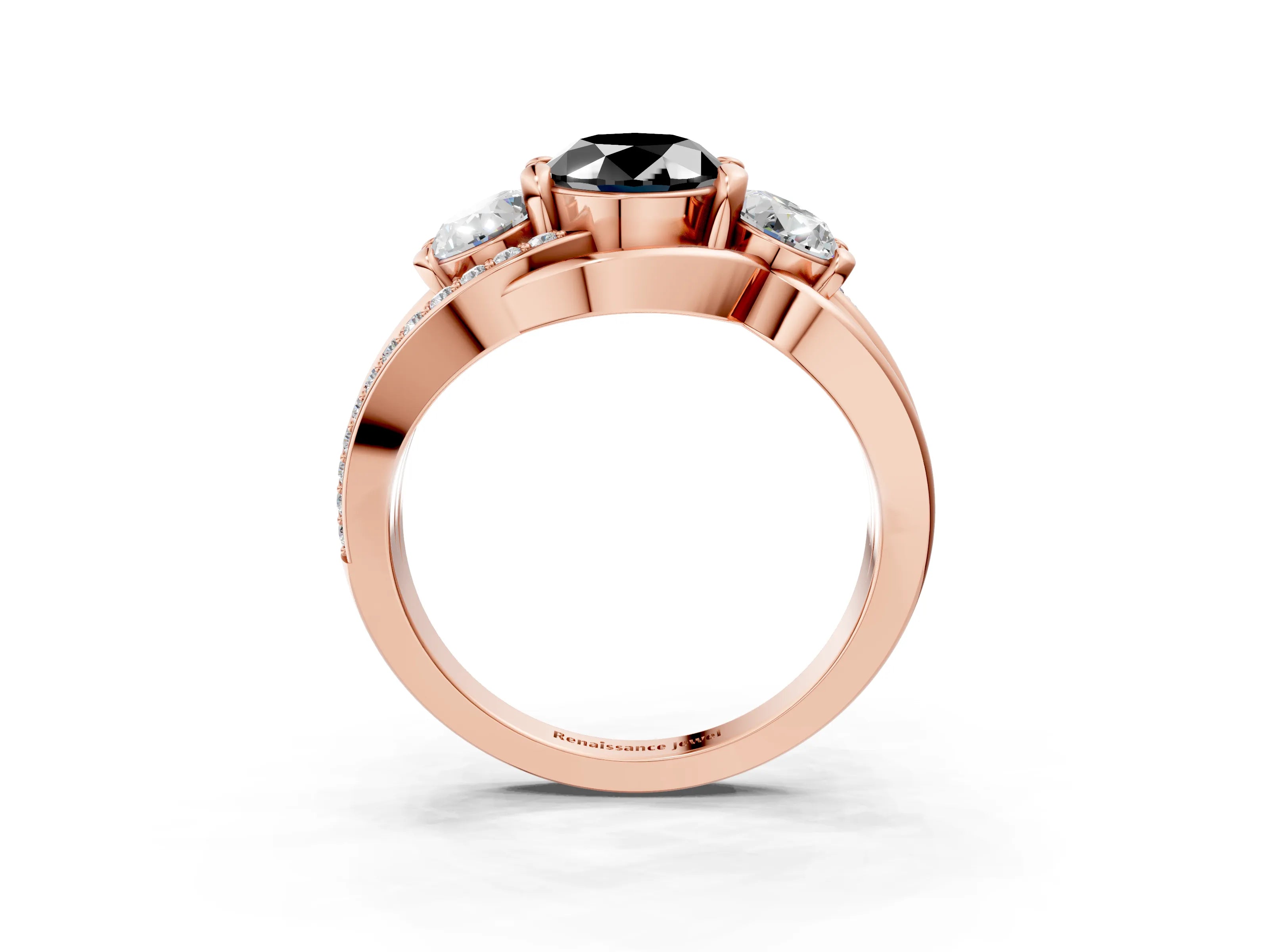 Rose gold Three-Stone Fancy Black Oval Cut Cut Diamond Split Shank Prong Set Ring_3